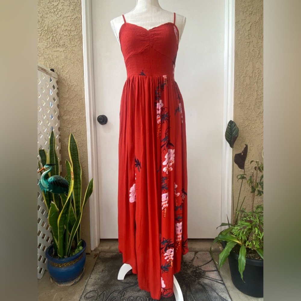 intimately free people beau red floral smocked maxi sundress